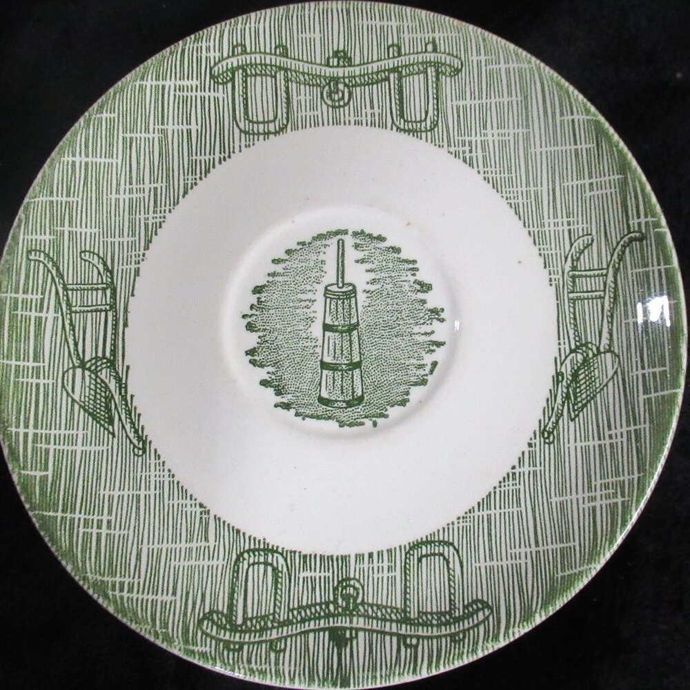 Currier and Ives Green and White Saucer Butter Churn Lot of 3 Saucer *FLAWED*